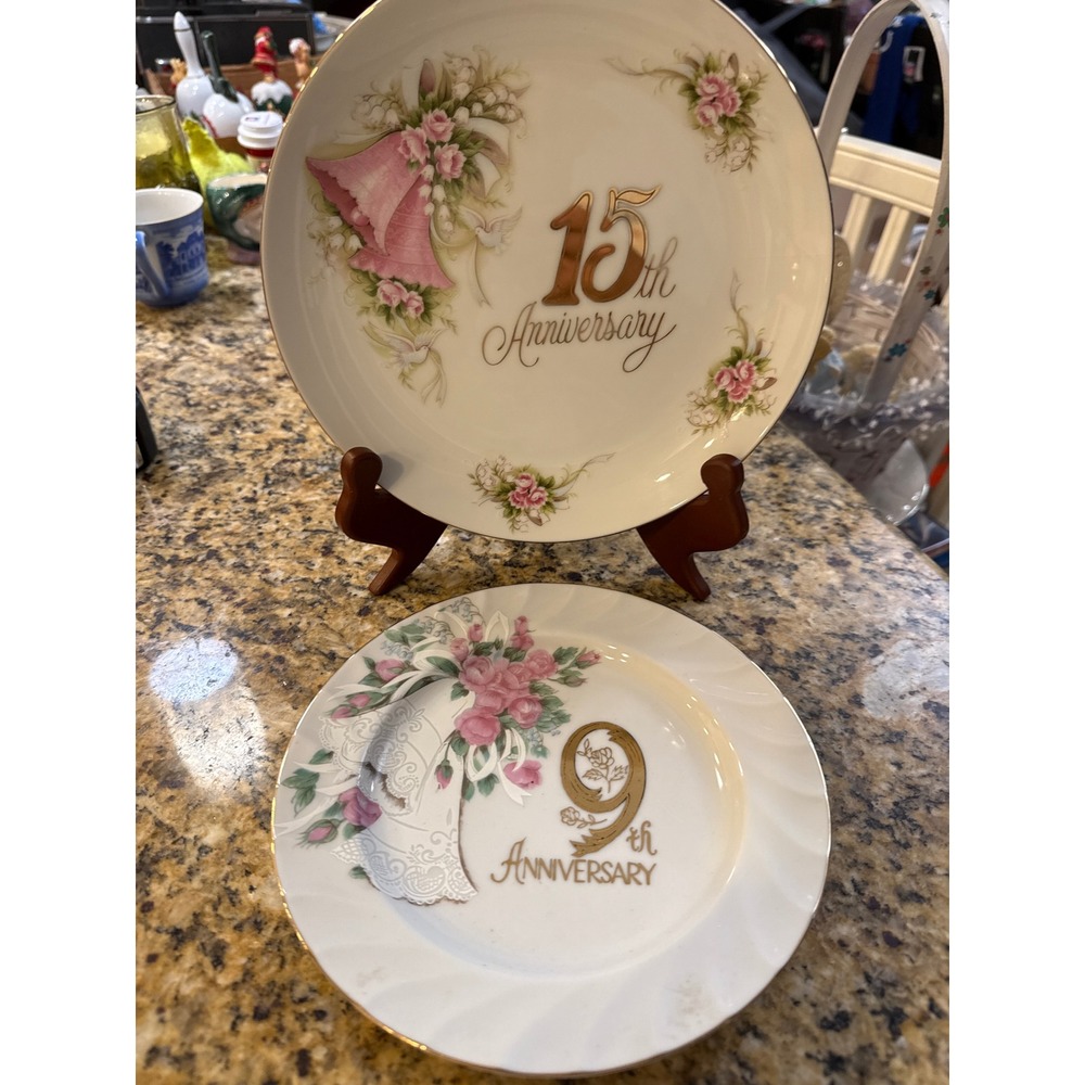 Enesco Anniversary Collector Plates 15th and 9th Floral Gold Rim Vintage Set